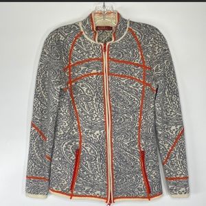 100% New Zealand wool: Krimson & Klover Zip Up Grey Paisley Sweater Size Large